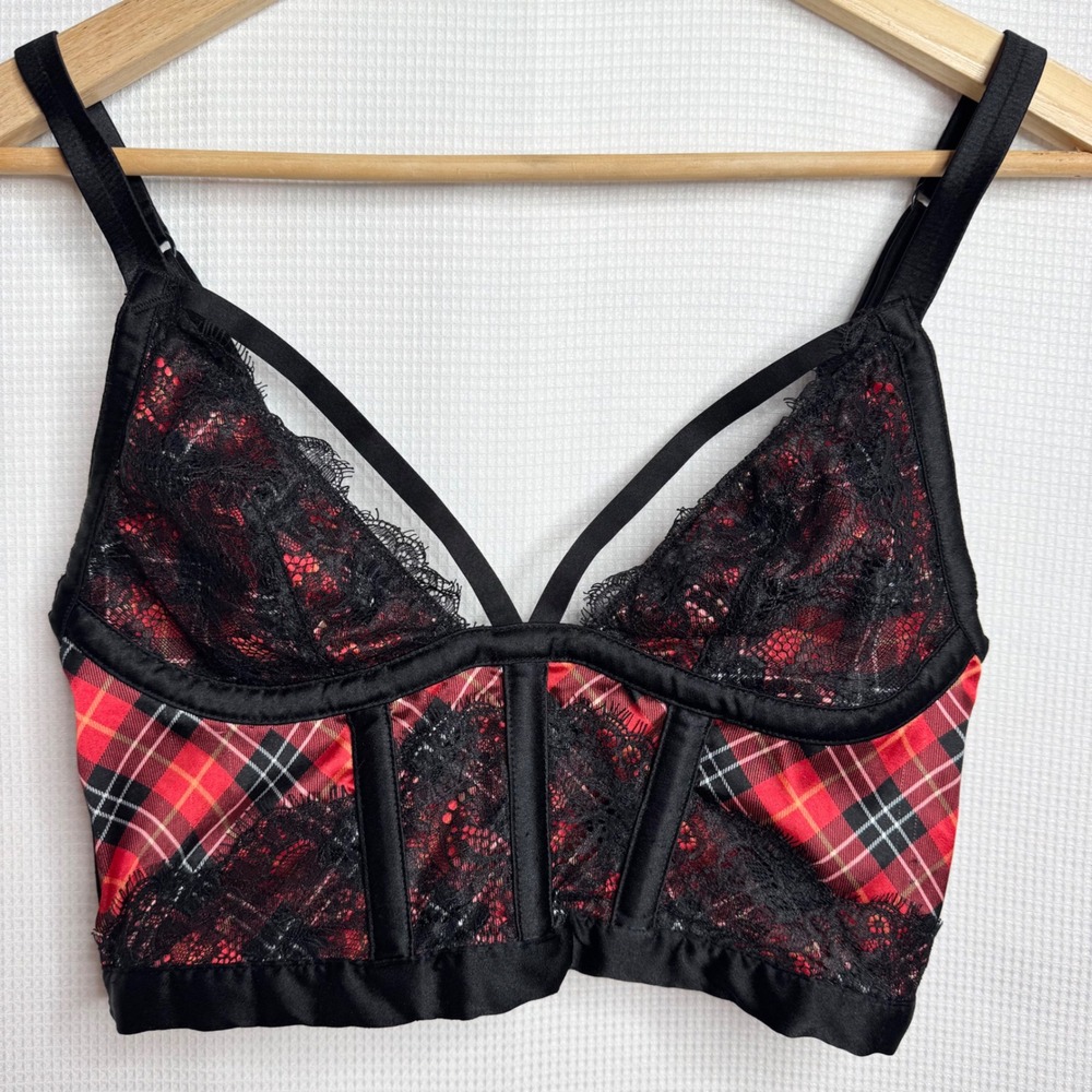 NWOT Victorias Secret Very Sexy Plaid Lace Caged Bustier Bra Top Red Black M